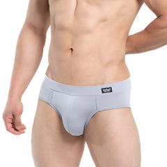 Light gray form-fitting briefs by MetroMaleWear with a subtle elastic waistband and small black logo on front