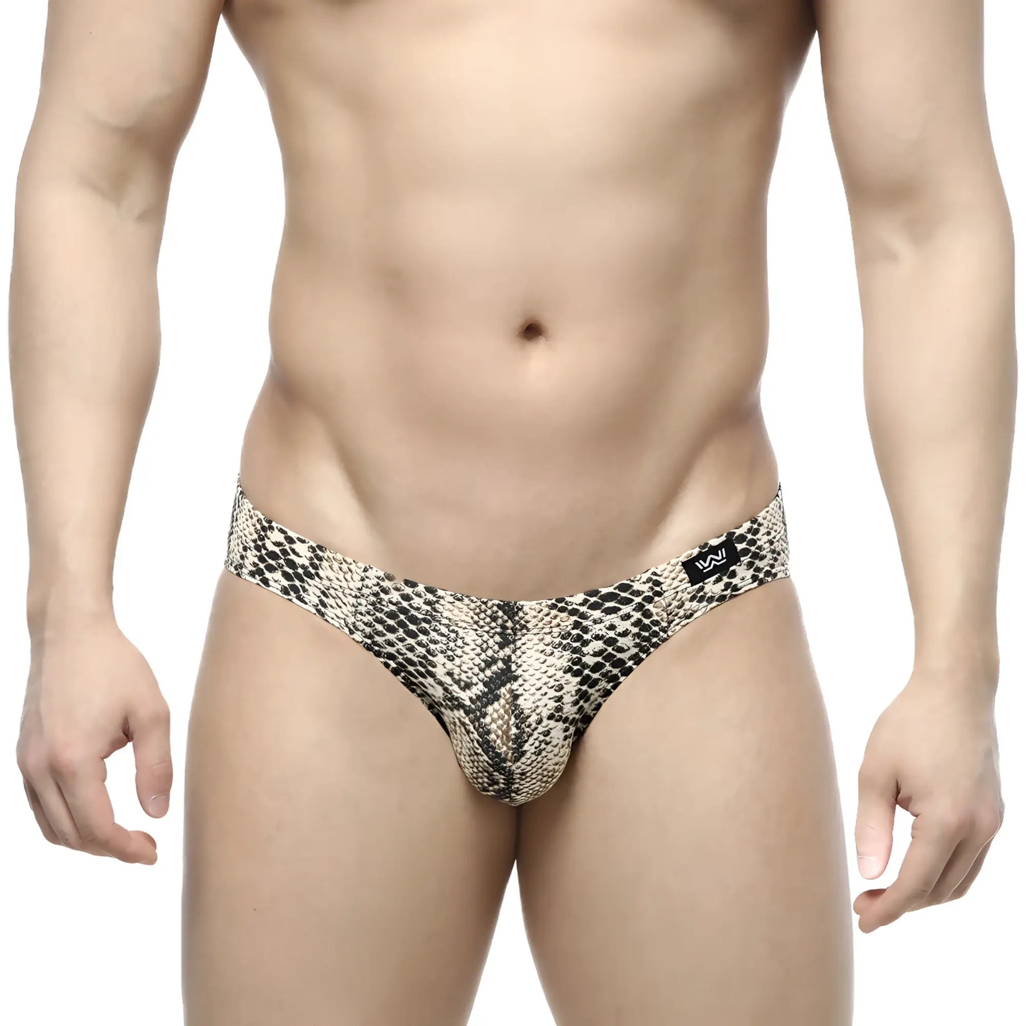 Metro male wear serpiente bikini 5103-94 snake print men’s thong in beige and black front view
