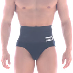 Black MetroMaleWear shaper hip brief 5003-80 with high waist and white logo patch on waistband