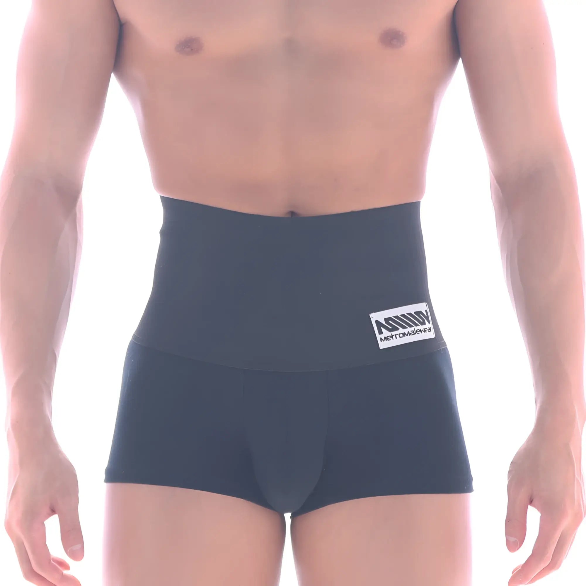Black metroMalewear high-waisted boxer briefs with a white logo patch on the waistband for shaper hip trunk use