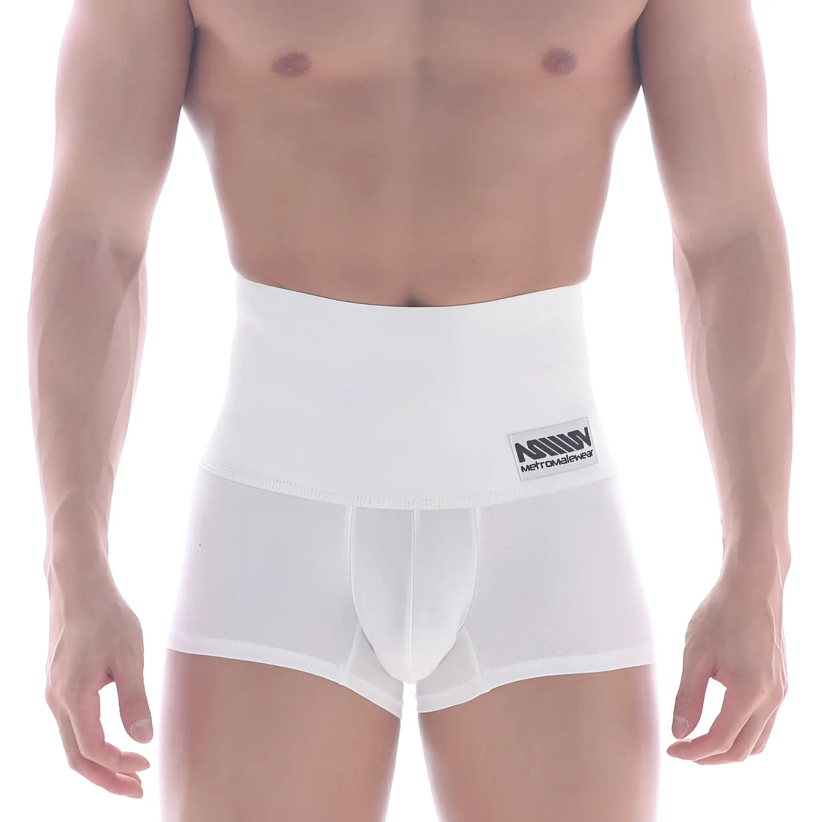 White men’s high-waisted boxer briefs with branded waistband label metro male wear shaper hip trunk white 3022-81