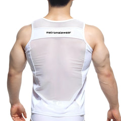 White mesh tank top with solid white trim and metromalewear branding on the upper back shown from the back side