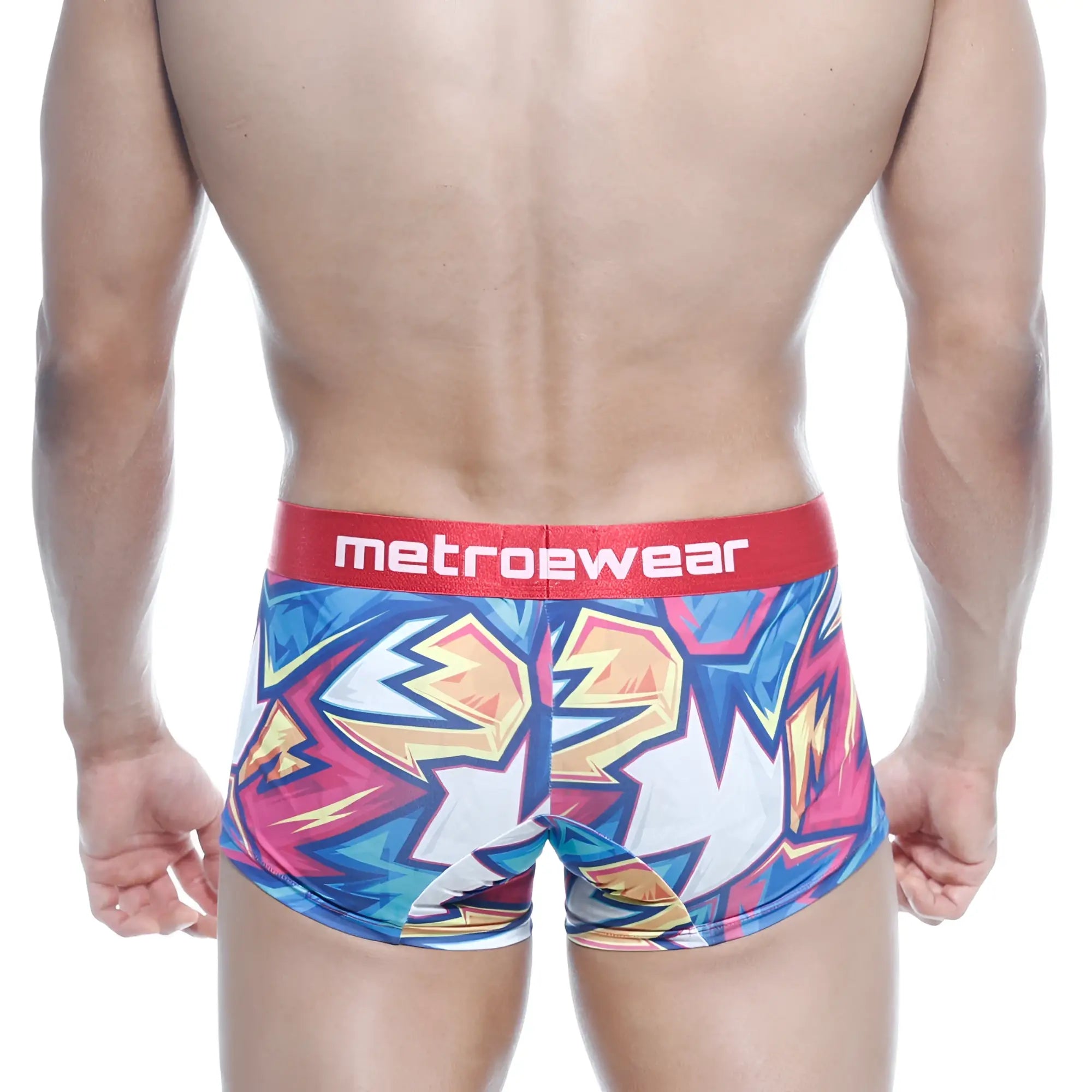 MetroMaleWear short boxer atractivo 7 in vibrant blue pink yellow with red metroewear waistband in graffiti style