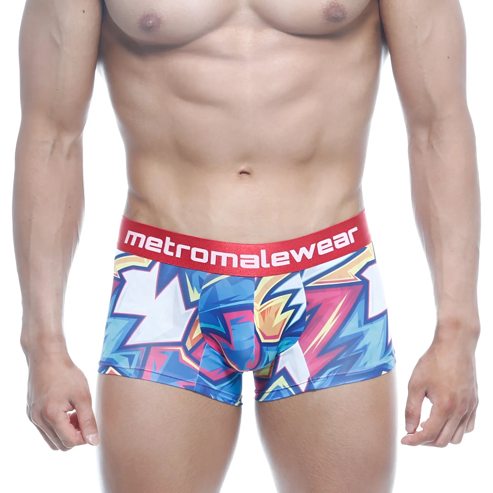 MetroMaleWear short boxer atractivo 7 inch vibrant blue pink white graffiti style with red waistband logo