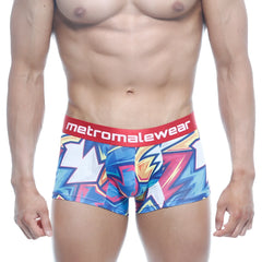 MetroMaleWear short boxer atractivo 7 inch vibrant blue pink white graffiti style with red waistband logo