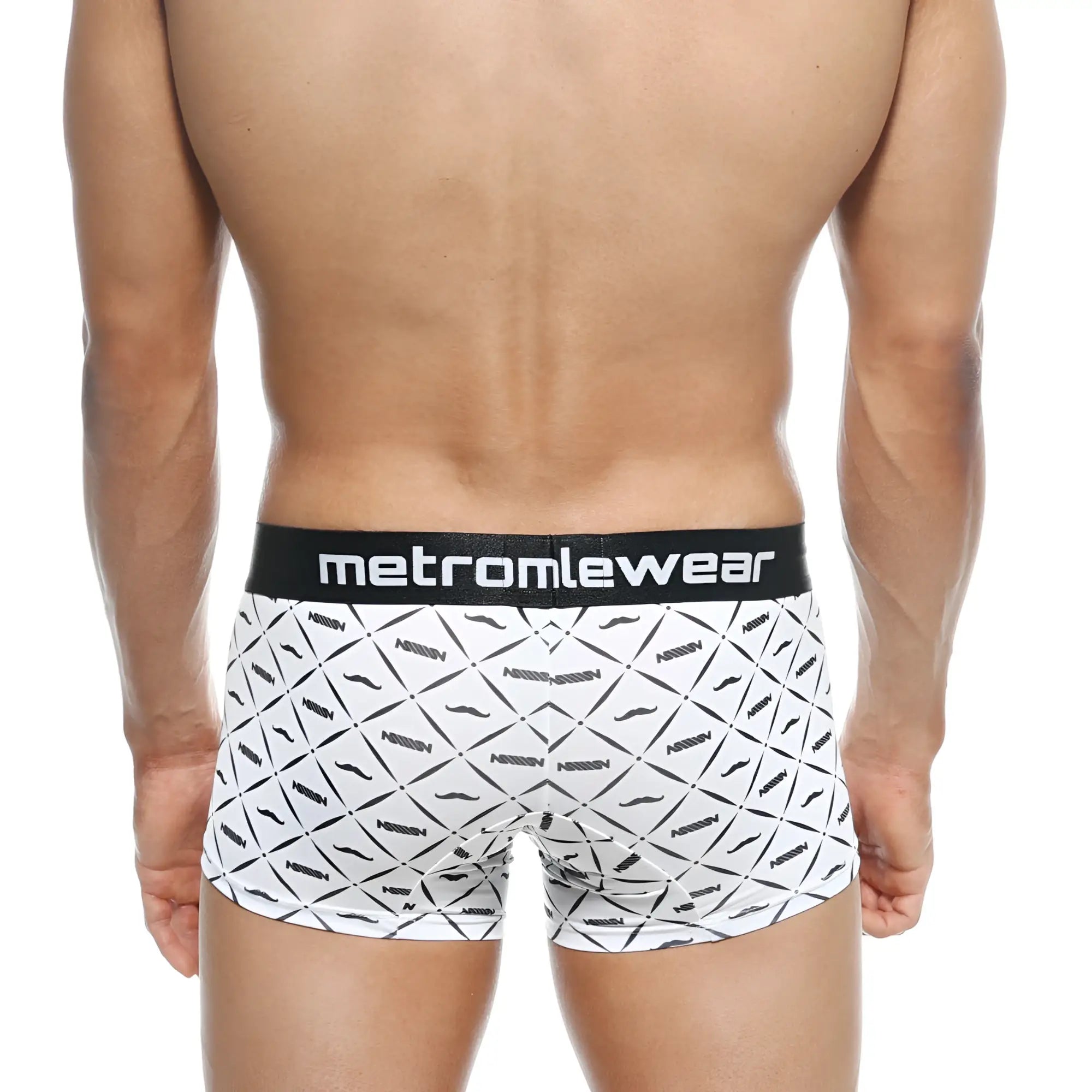White boxer briefs with black geometric mustache pattern and metromlewear waistband metro male wear short boxer caballero 7 2022 03