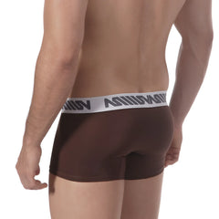 Brown mens boxer briefs with white elastic waistband featuring black asos branding metroMalewear short boxer coffee 7inch