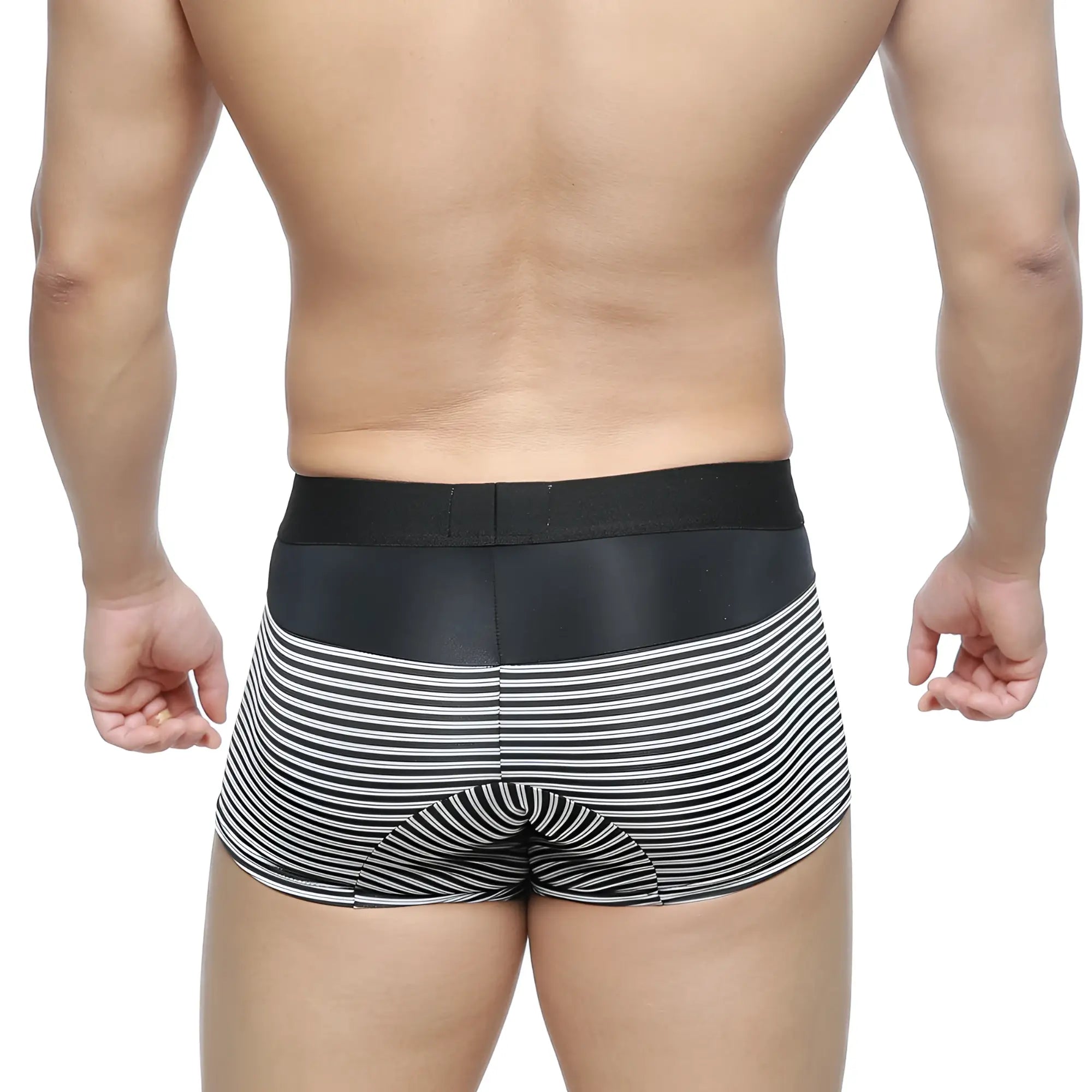 Black and white striped MetroMaleWear short boxer briefs with smooth elastic waistband and 7 inch inseam