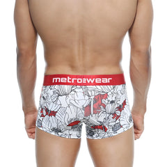 Metro male wear short boxer escobar 7 inch white and red floral patterned men’s boxer briefs with red metrowear waistband