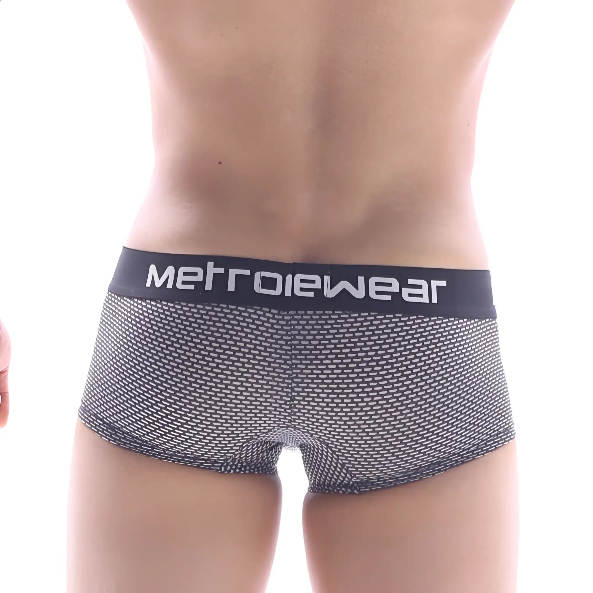 Black and gray mesh metro male wear briefs with honeycomb texture and black waistband with metrowear logo in white
