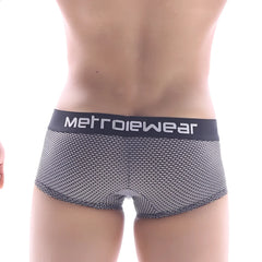 Black and gray mesh metro male wear briefs with honeycomb texture and black waistband with metrowear logo in white