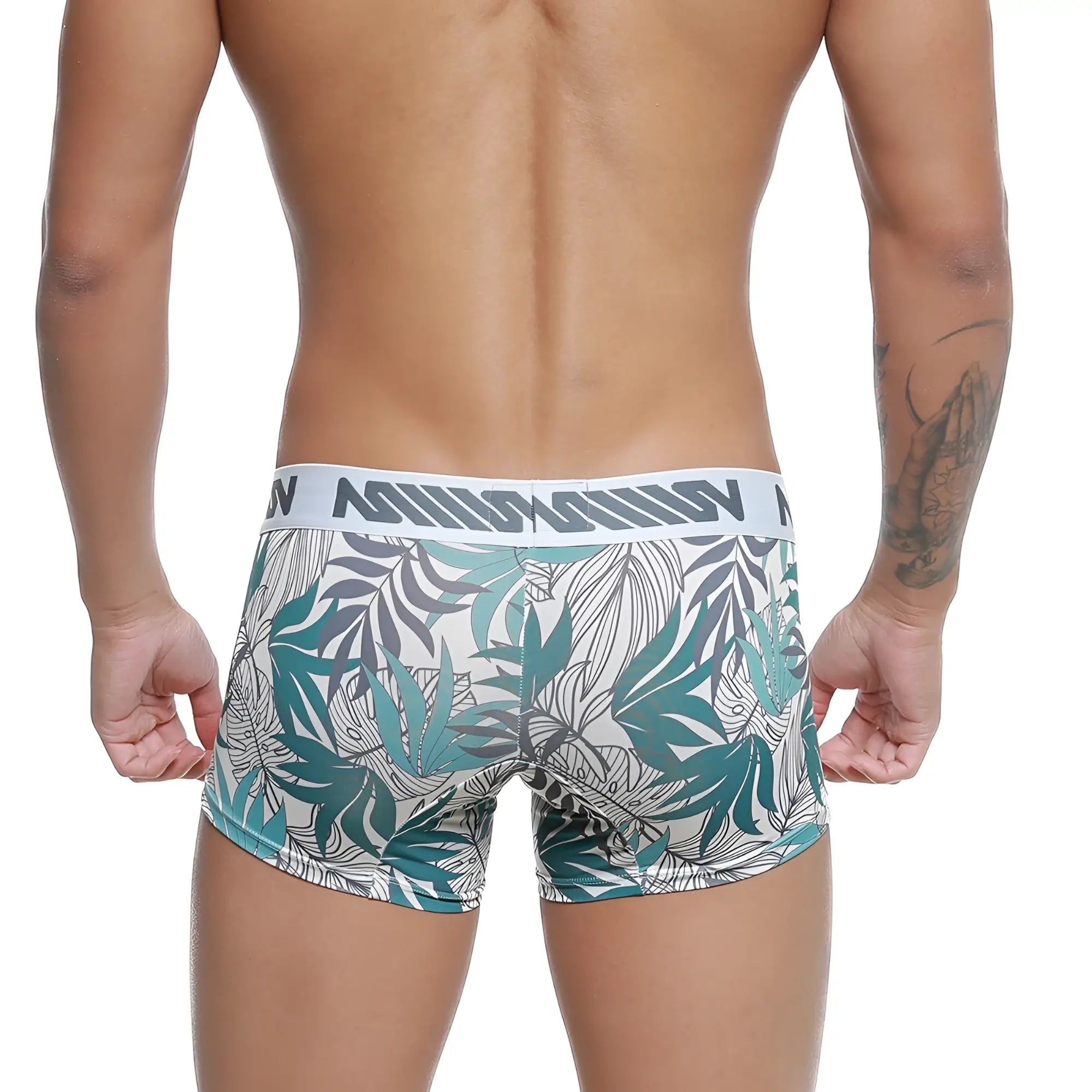 MetroMaleWear short boxer Meadow 7 inch tropical leaf patterned boxer briefs in teal gray and white with branded waistband