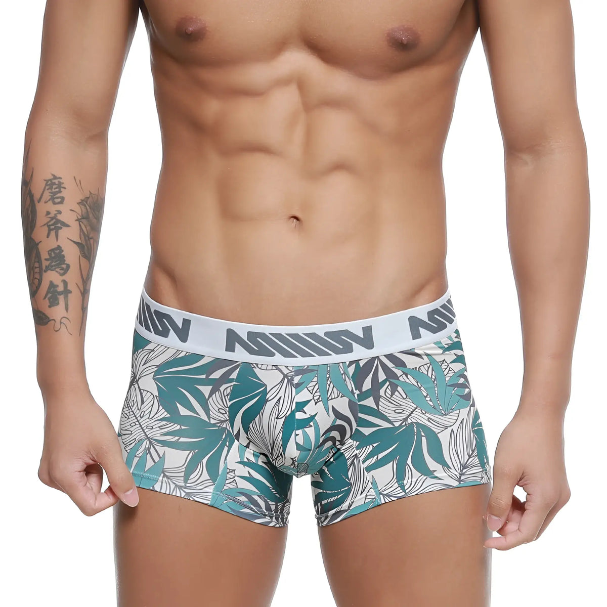 Metro male wear short boxer meadow 7 inch teal and gray leaf pattern men’s boxer briefs with white waistband