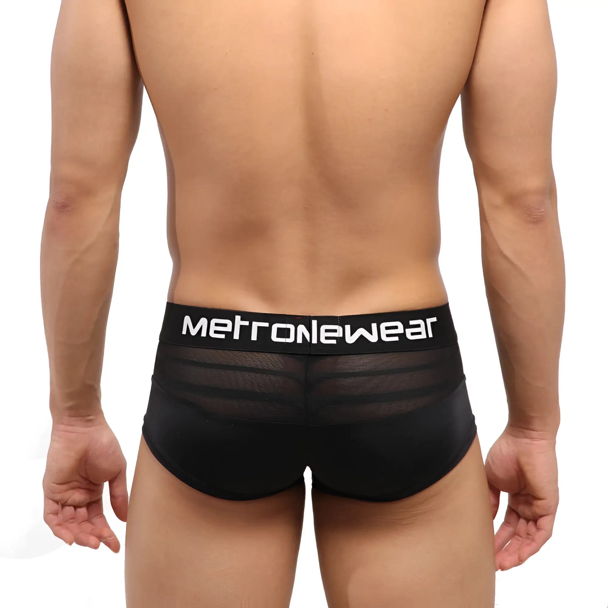 Black mesh briefs with solid black waistband featuring metroMaleWear logo in white from metroMaleWear short boxer mesh 2026-50