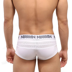 White men’s briefs metroMalewear short boxer mesh in white with gray logo band and breathable mesh detailing