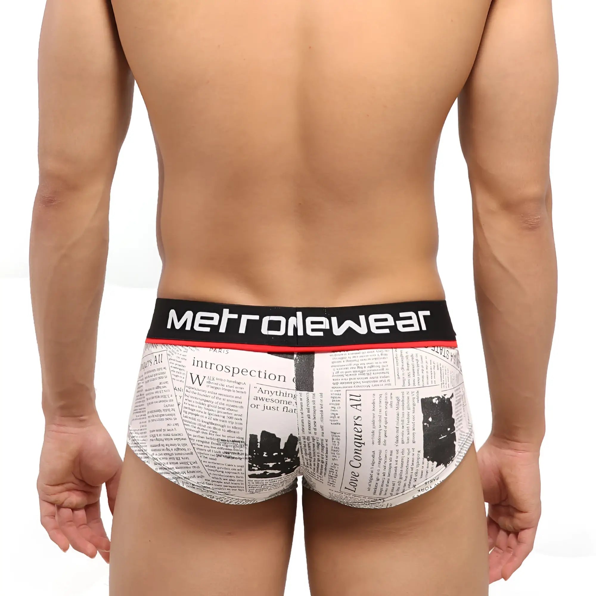 White briefs with newspaper print and black elastic waistband featuring metrowear brand from metromalewear short boxer periodico 2026-72