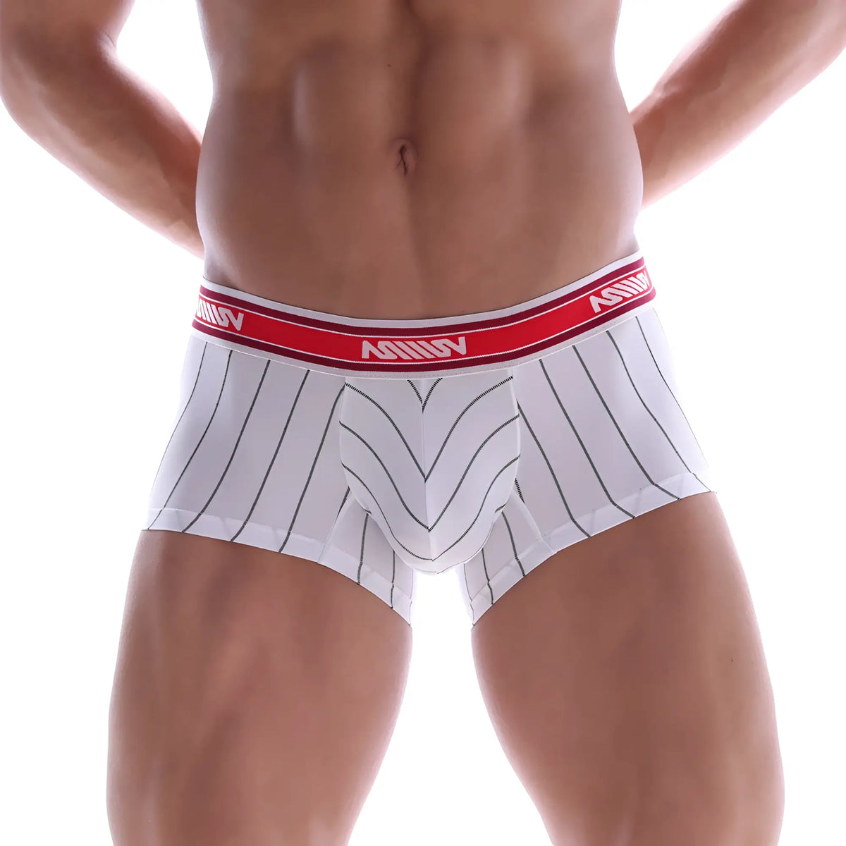 White boxer briefs with black vertical stripes and red asuv waistband from MetroMaleWear short boxer stripe 7 2022-71