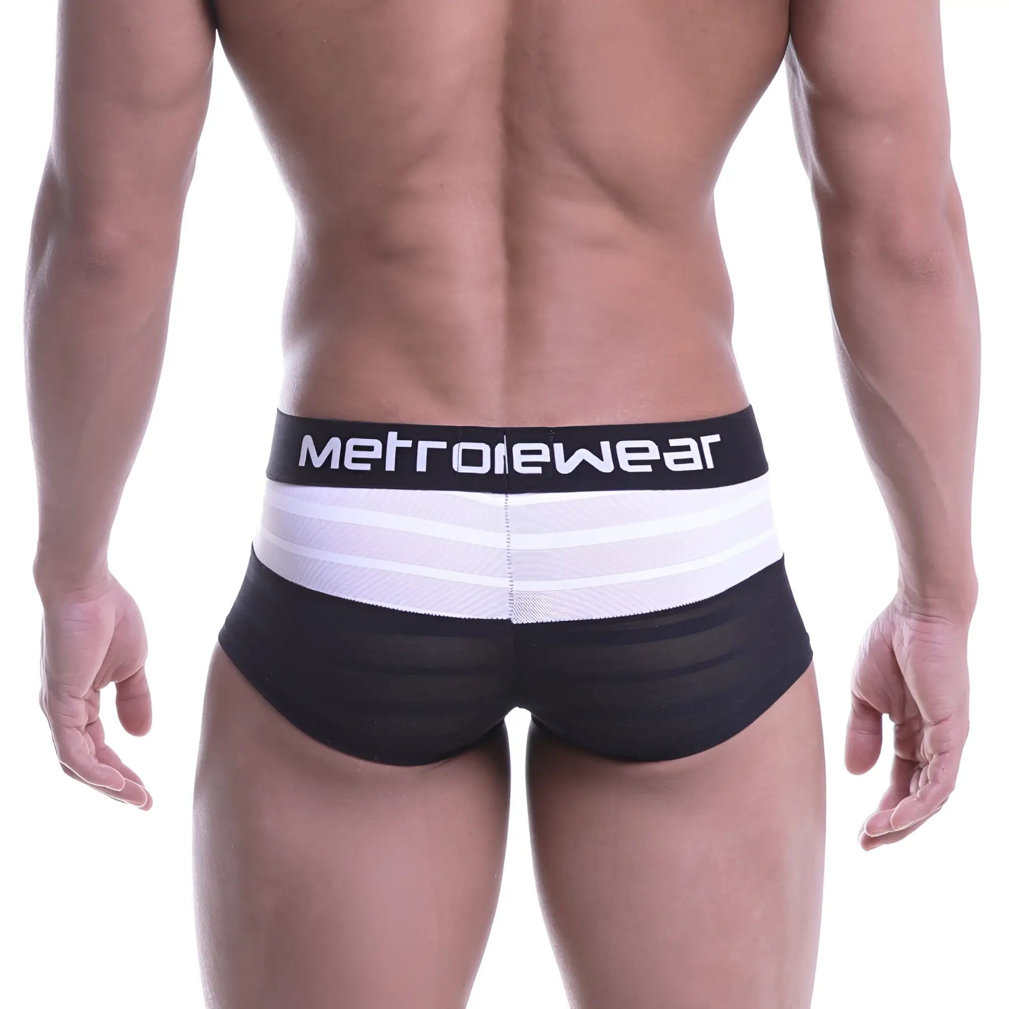 Black and white striped men’s briefs with a mesh waistband featuring metrowear branding from metro malewear short boxer stripe black 2026-30