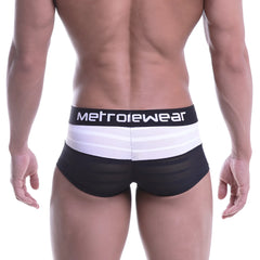 Black and white striped men’s briefs with a mesh waistband featuring metrowear branding from metro malewear short boxer stripe black 2026-30
