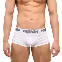 White men’s boxer briefs metro male wear short boxer stripe white 2026-53 with gray logo waistband and mesh side panels