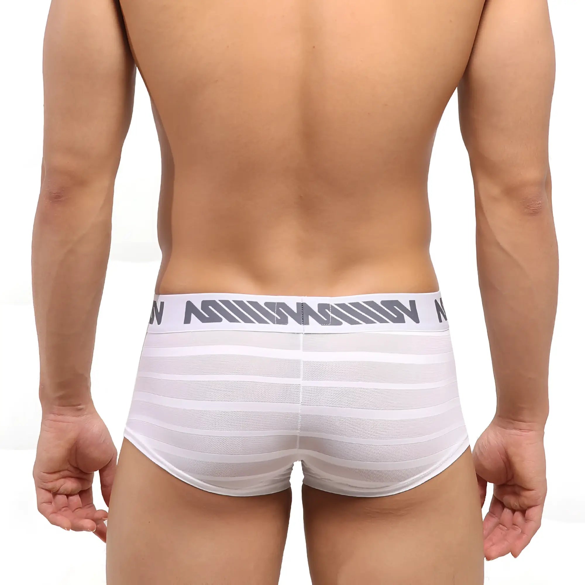 White striped mesh briefs with gray elastic waistband featuring a repeating logo pattern
