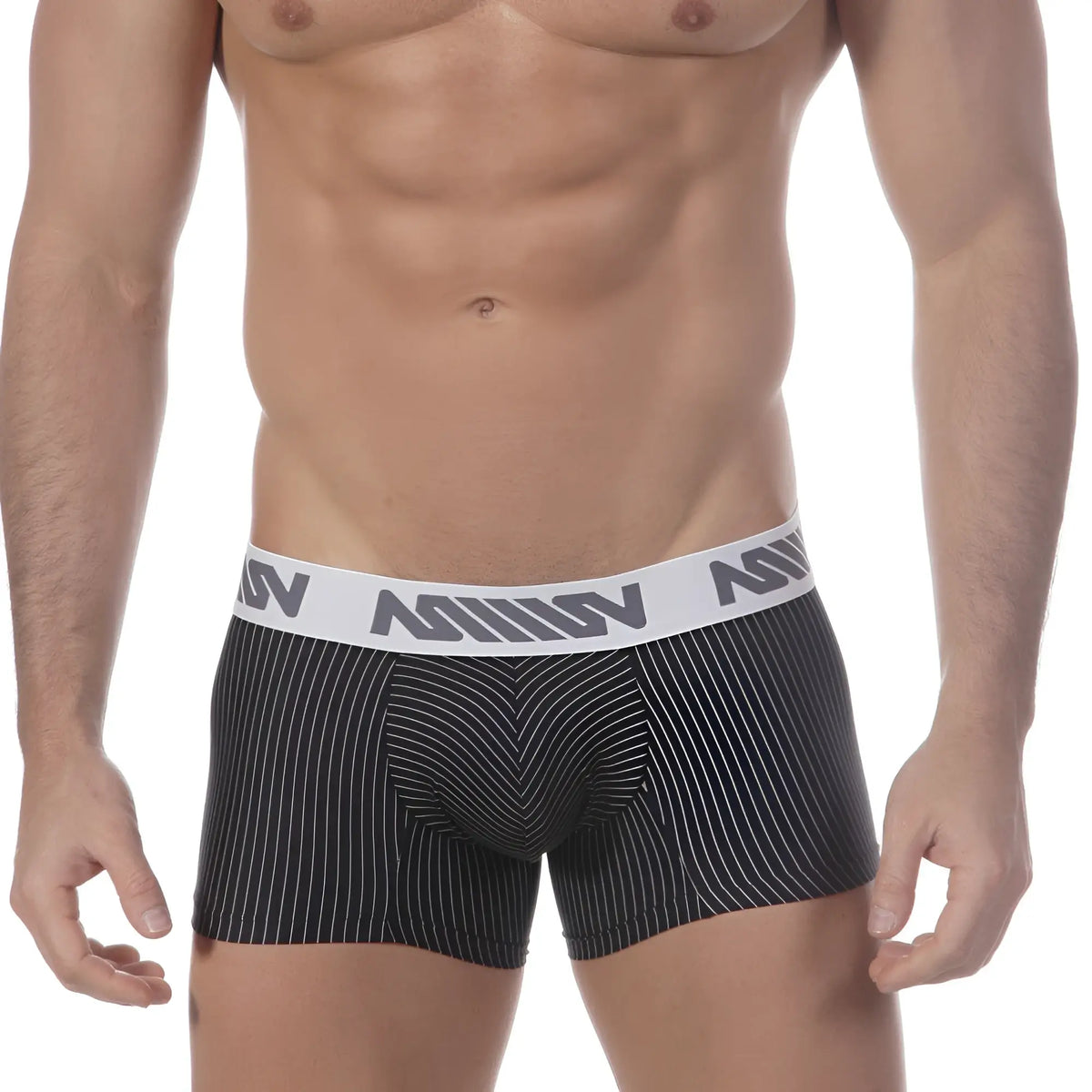 Black and white pinstripe boxer briefs with branded elastic waistband metro male wear short boxer supremo 7 inch 2022-42