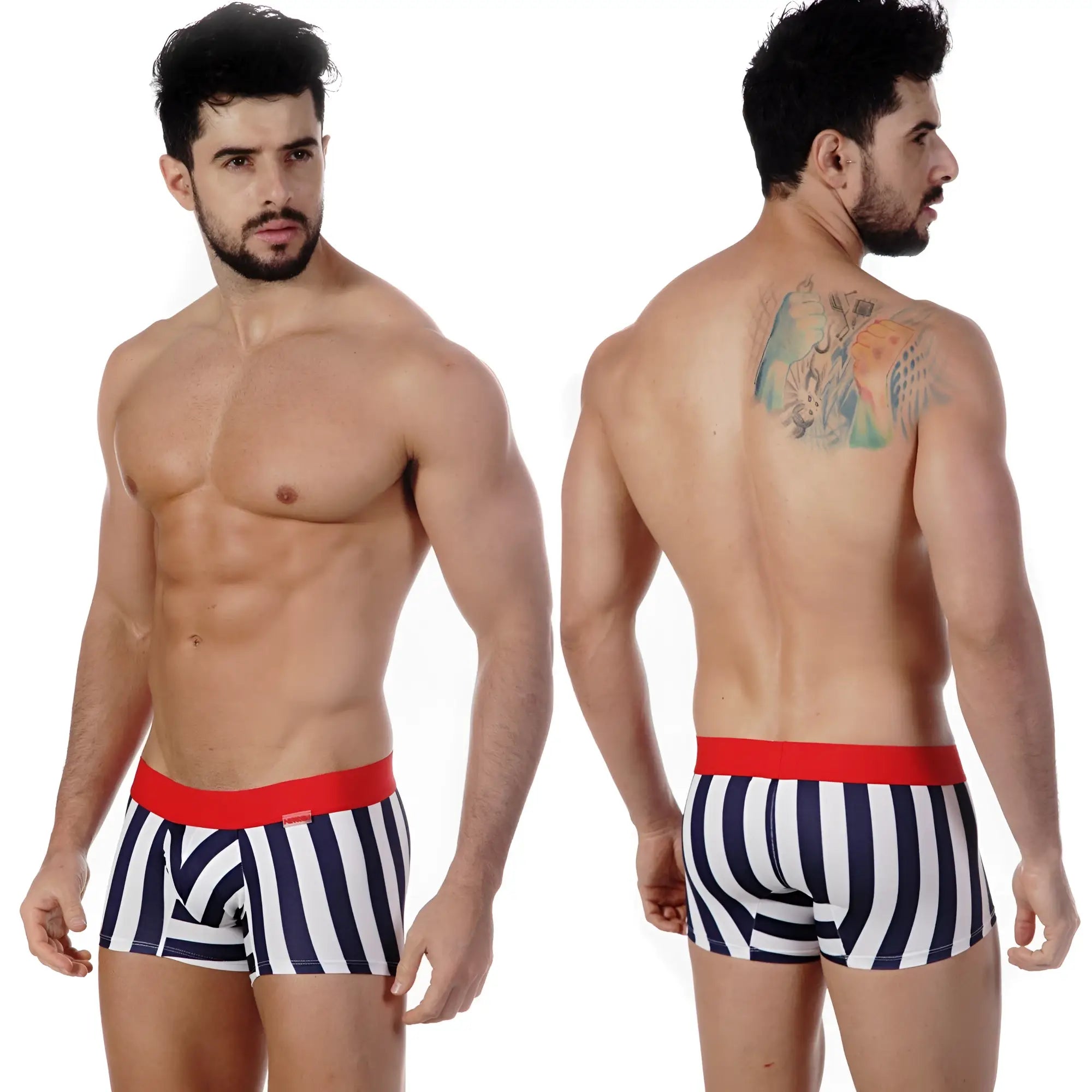 MetroMaleWear short boxer tension 7inch 2022-41 navy and white striped men’s briefs with red elastic waistband