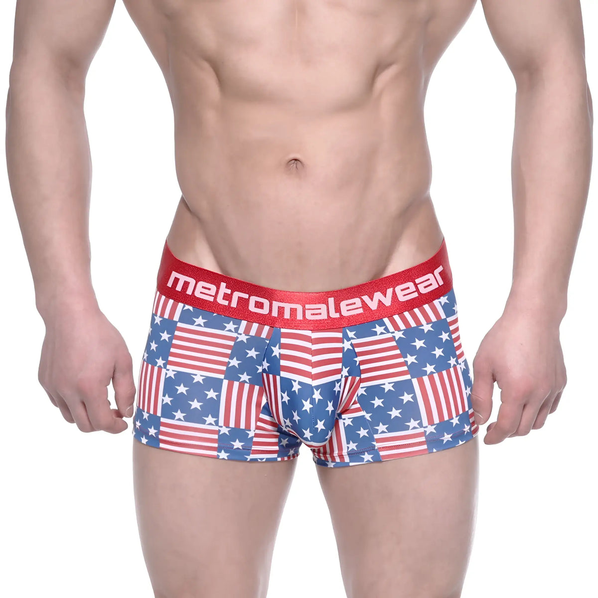 Metro malewear short boxer briefs in red white and blue american flag pattern with red branded elastic waistband