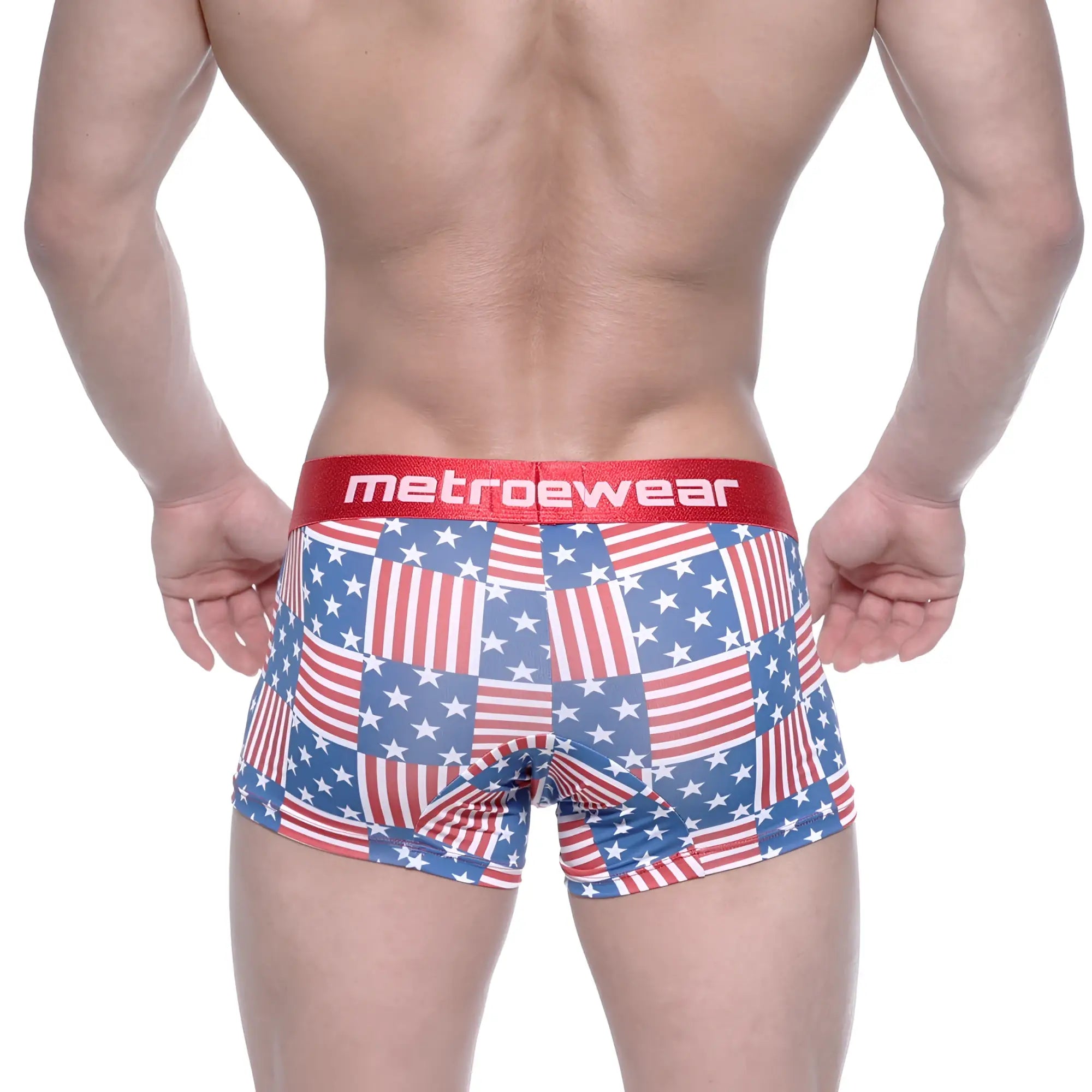 Men’s metro malewear short boxer usa 7 inch with red white and blue american flag patchwork and red branded waistband