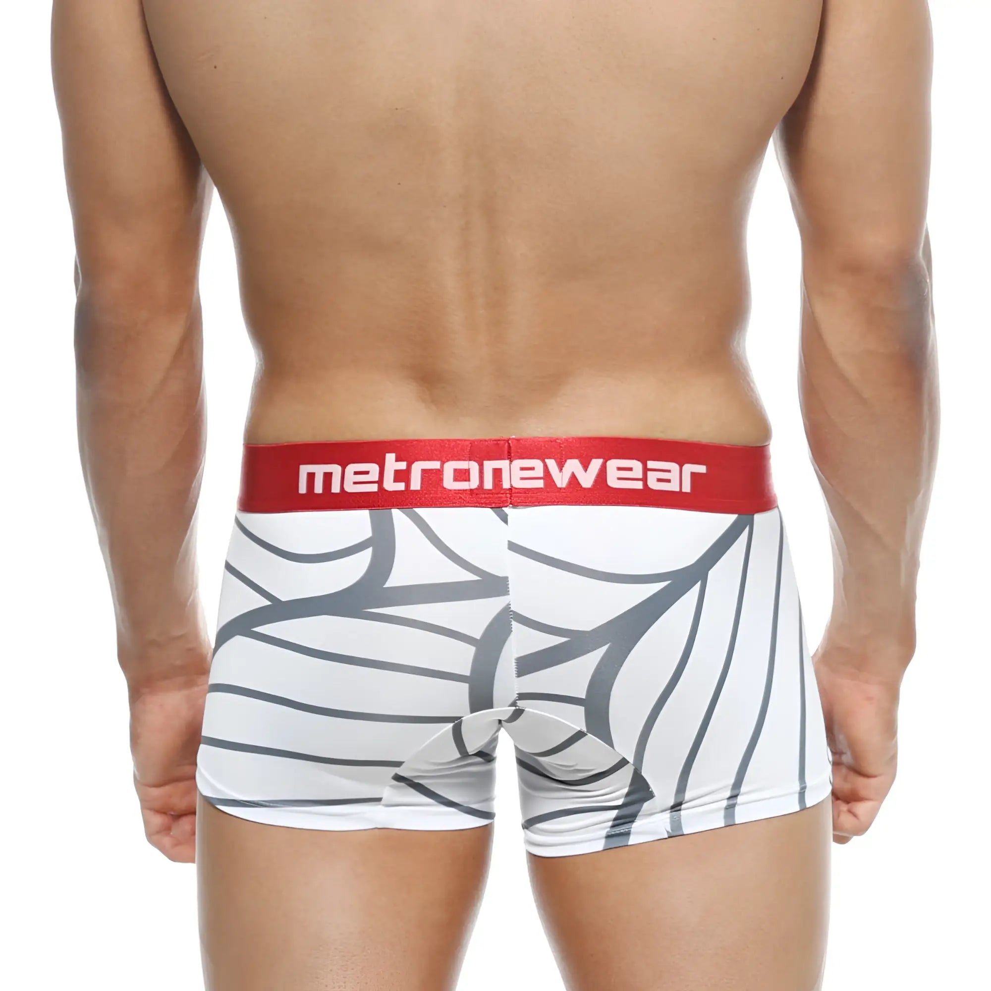 White boxer briefs with gray abstract leaf pattern and red metronewear waistband metroMalewear short boxer web 7 inch