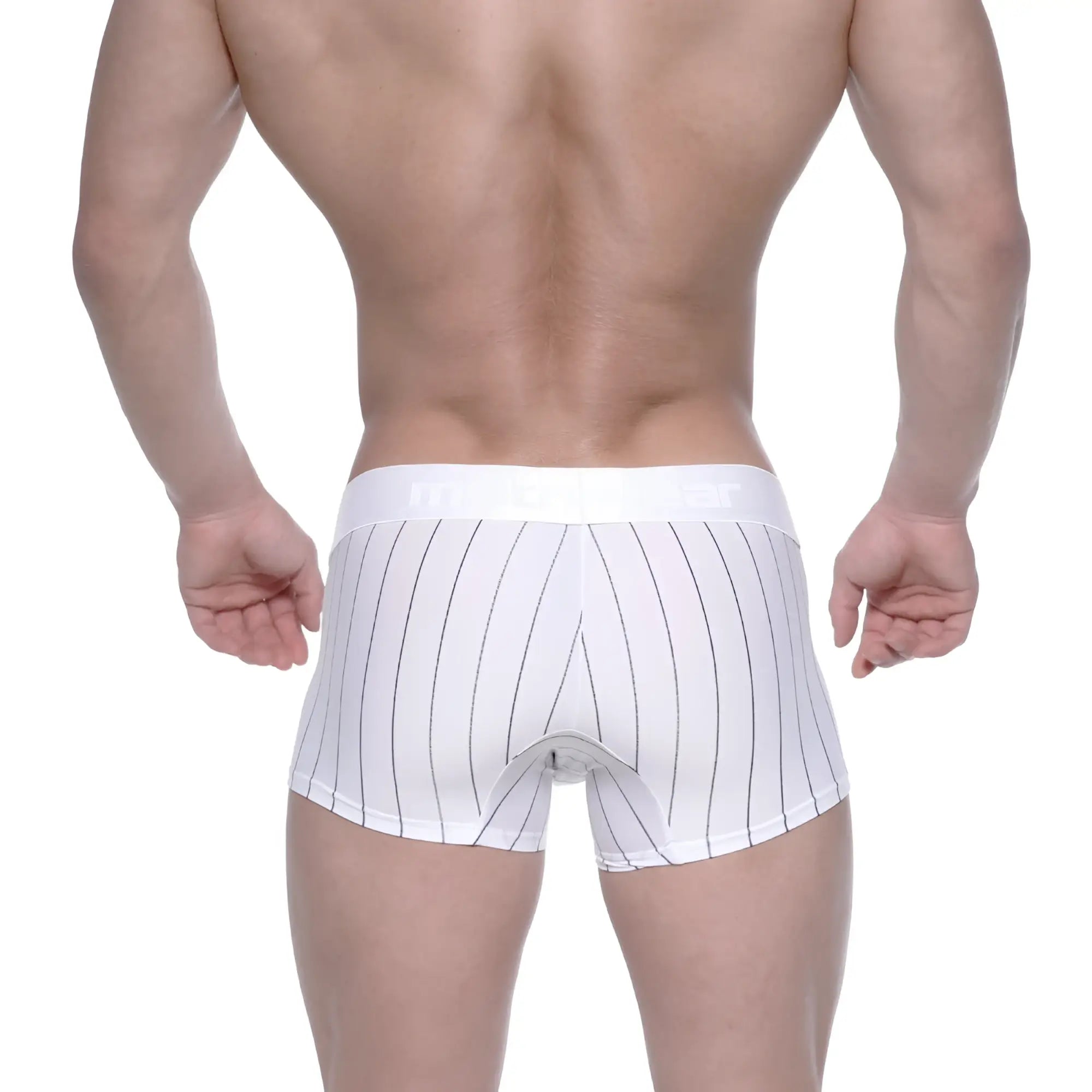 White boxer briefs with thin black vertical stripes and matching elastic waistband by metromalewear model 2022-72