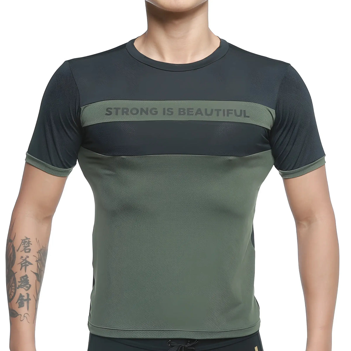 MetroMaleWear SIB tank top green 4127-26 dark green and black athletic short sleeve t shirt with mesh chest panel text strong is beautiful