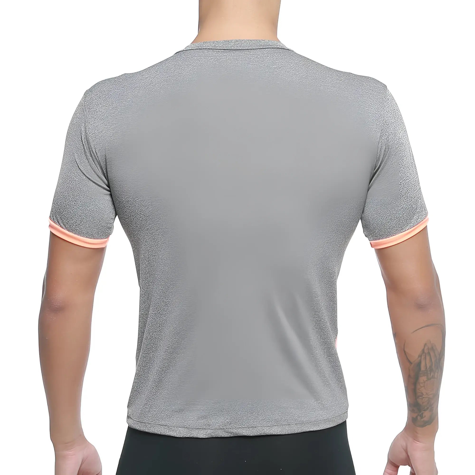 Gray heathered short-sleeved athletic shirt with peach trim on cuffs from metromalewear sib tank top orange 4127-14