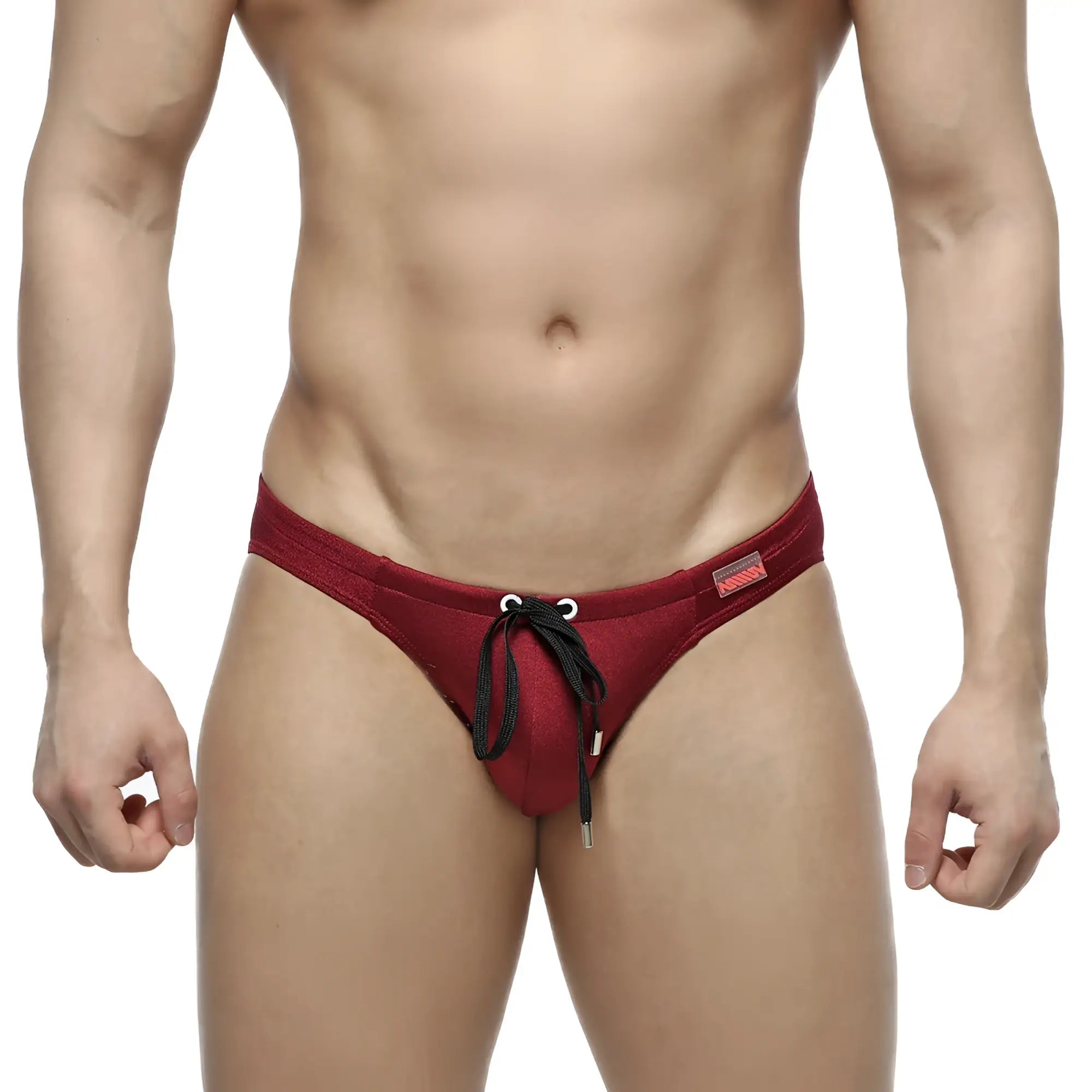 Red mesh swim trunks with black drawstring ties by metromalewear silicon swim bikini in burgundy