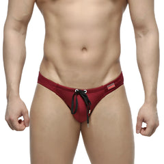Red mesh swim trunks with black drawstring ties by metromalewear silicon swim bikini in burgundy