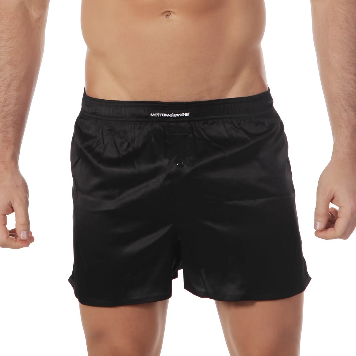 Black satin boxer shorts with subtle sheen and metromalewear embroidered waistband in metro male wear silk satin black s33-20