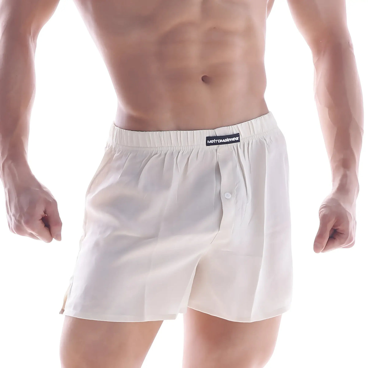 White cotton MetroMaleWear silk satin boxer shorts with button closure and elastic waistband nude S33-01