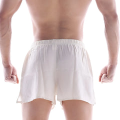 White lightweight silk satin boxer shorts with elastic waistband and relaxed fit from MetroMaleWear S33-01