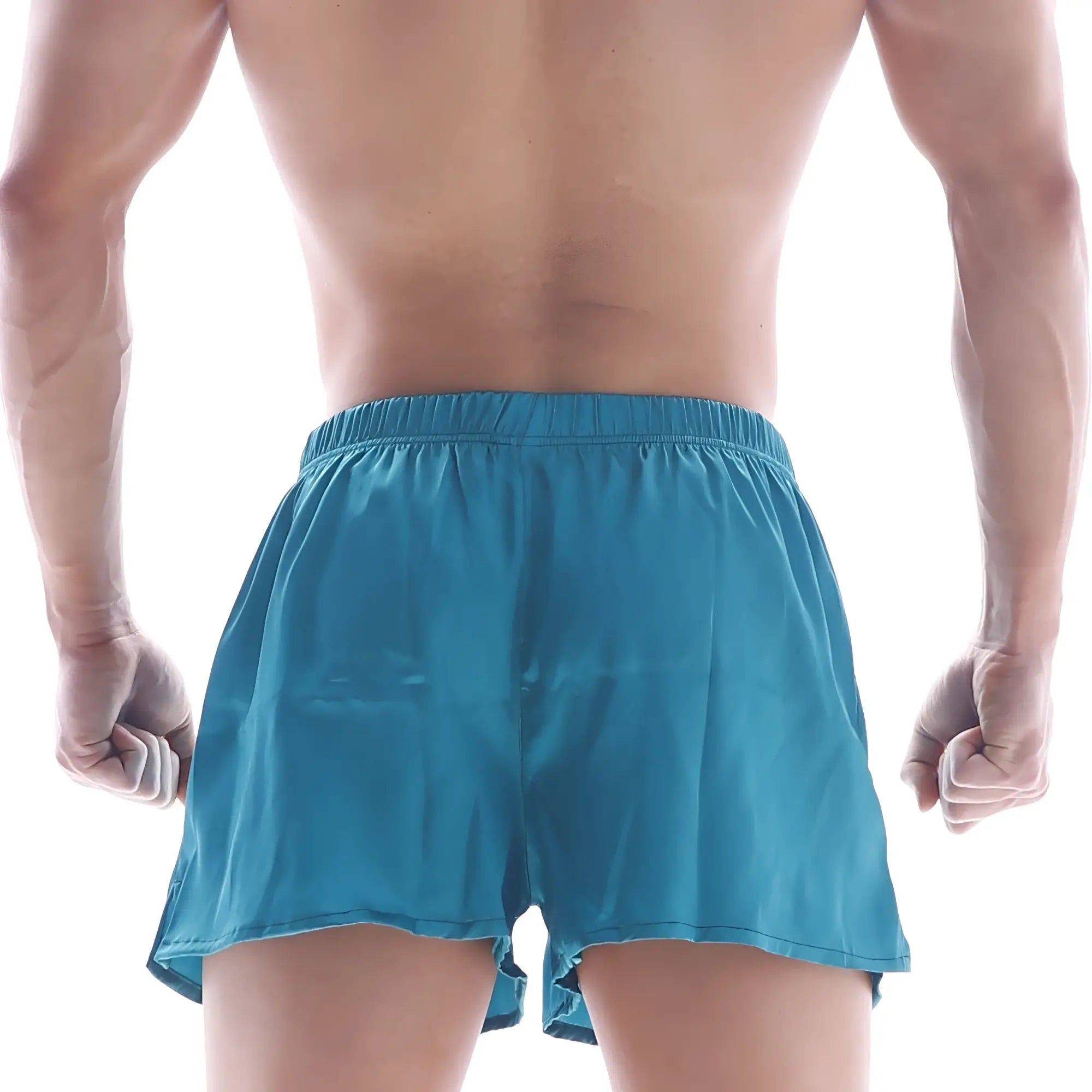 Tealmale wear silk satin boxer turquoise s33-08 featuring teal athletic shorts with elastic waistband and flared hem