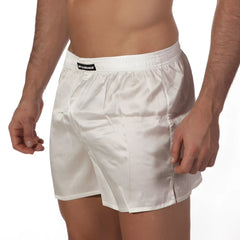 White satin boxer shorts with a black metro male wear brand label on the waistband in silk satin material