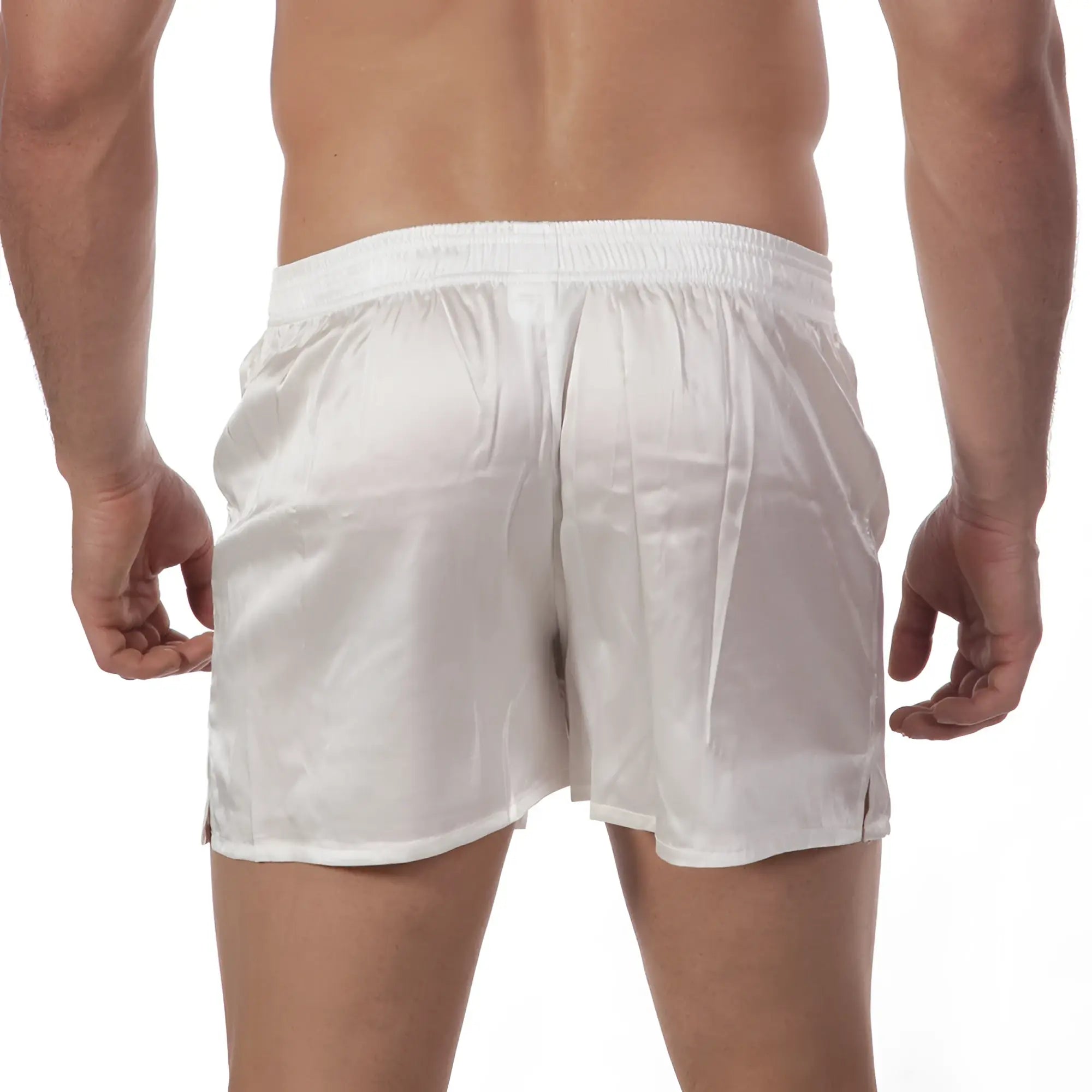 MetroMalewear silk satin white boxer shorts with smooth shiny finish and elastic waistband