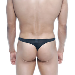 Black mesh thong with subtle textured pattern and small brand tag at center back by metromalewear silk 4102-20