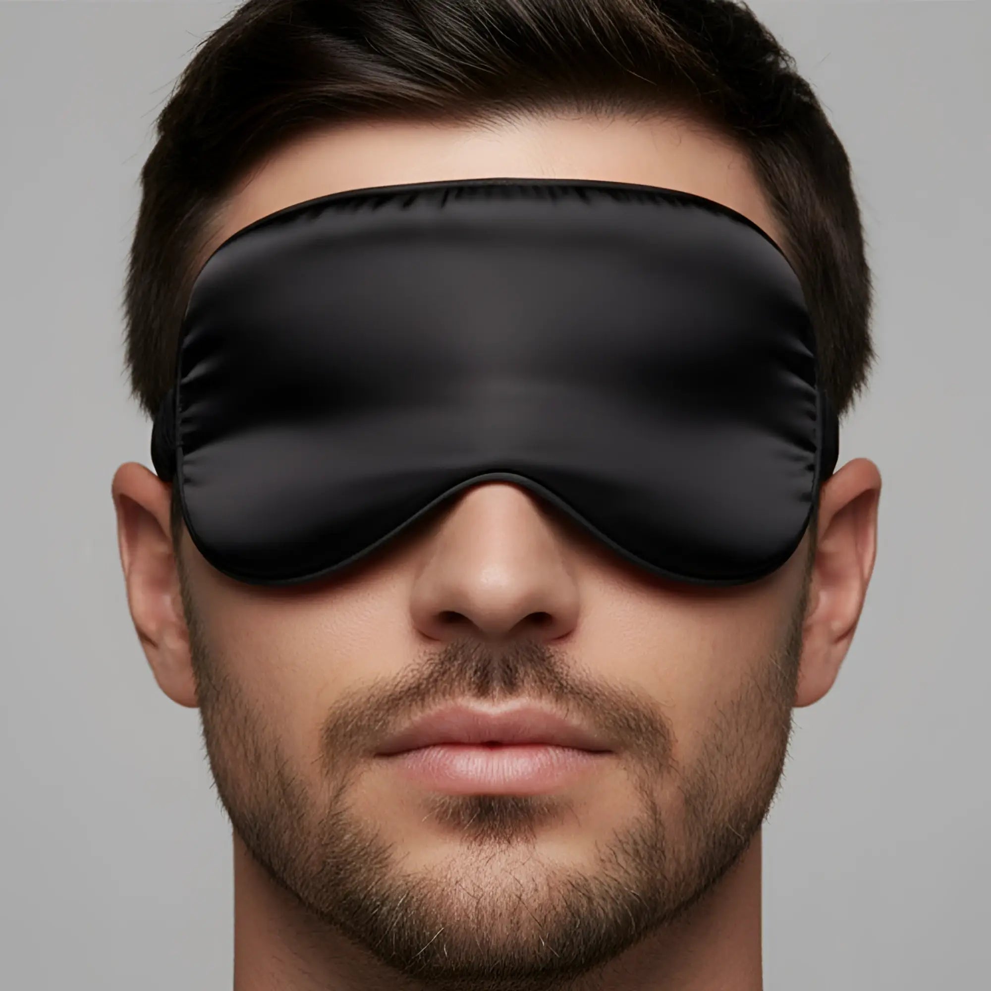 Black satin sleep mask with smooth glossy finish and elasticized edges by MetroMaleWear silky eye mask