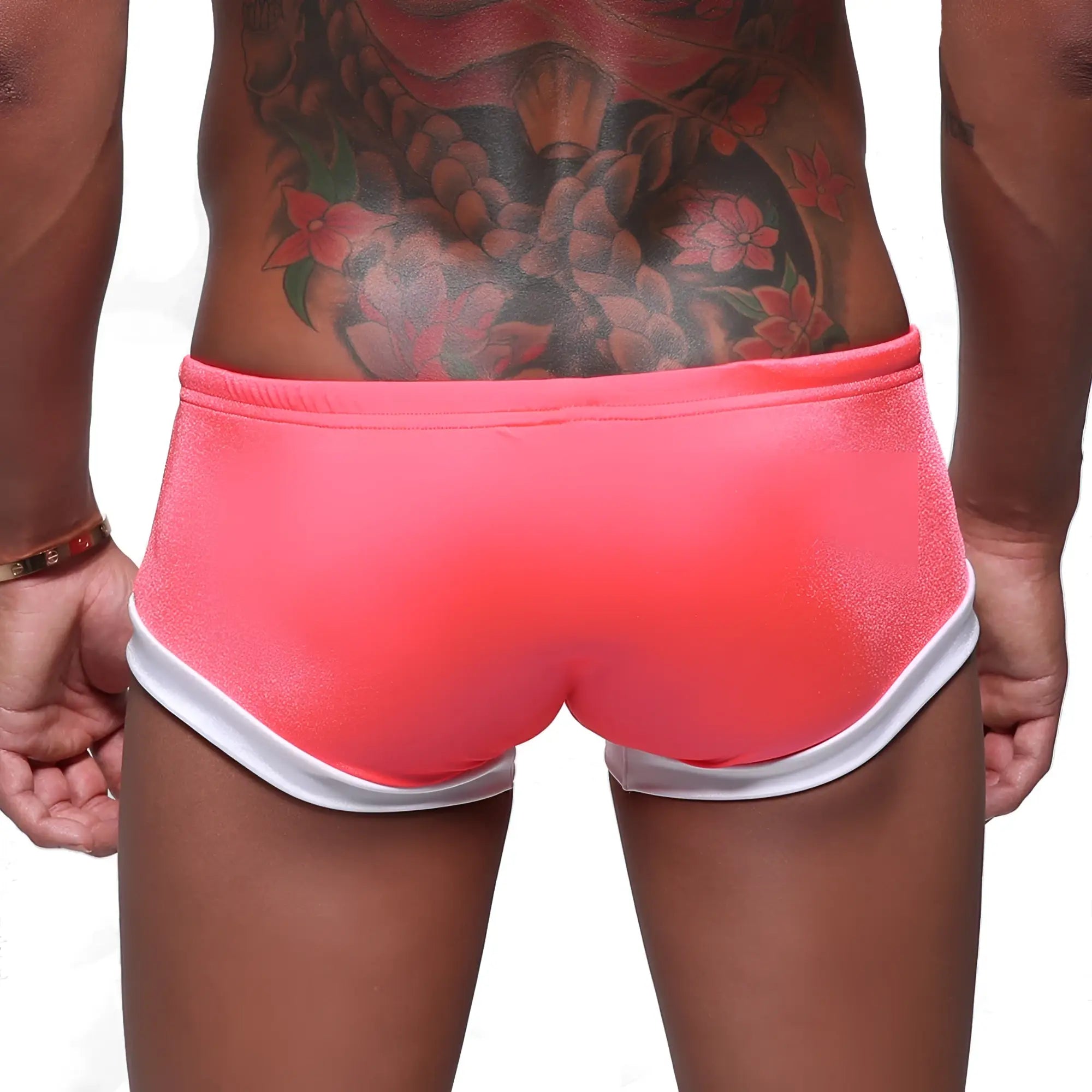 Bright pink MetroMaleWear silver swim boxer with white trim designed for stylish swimwear use