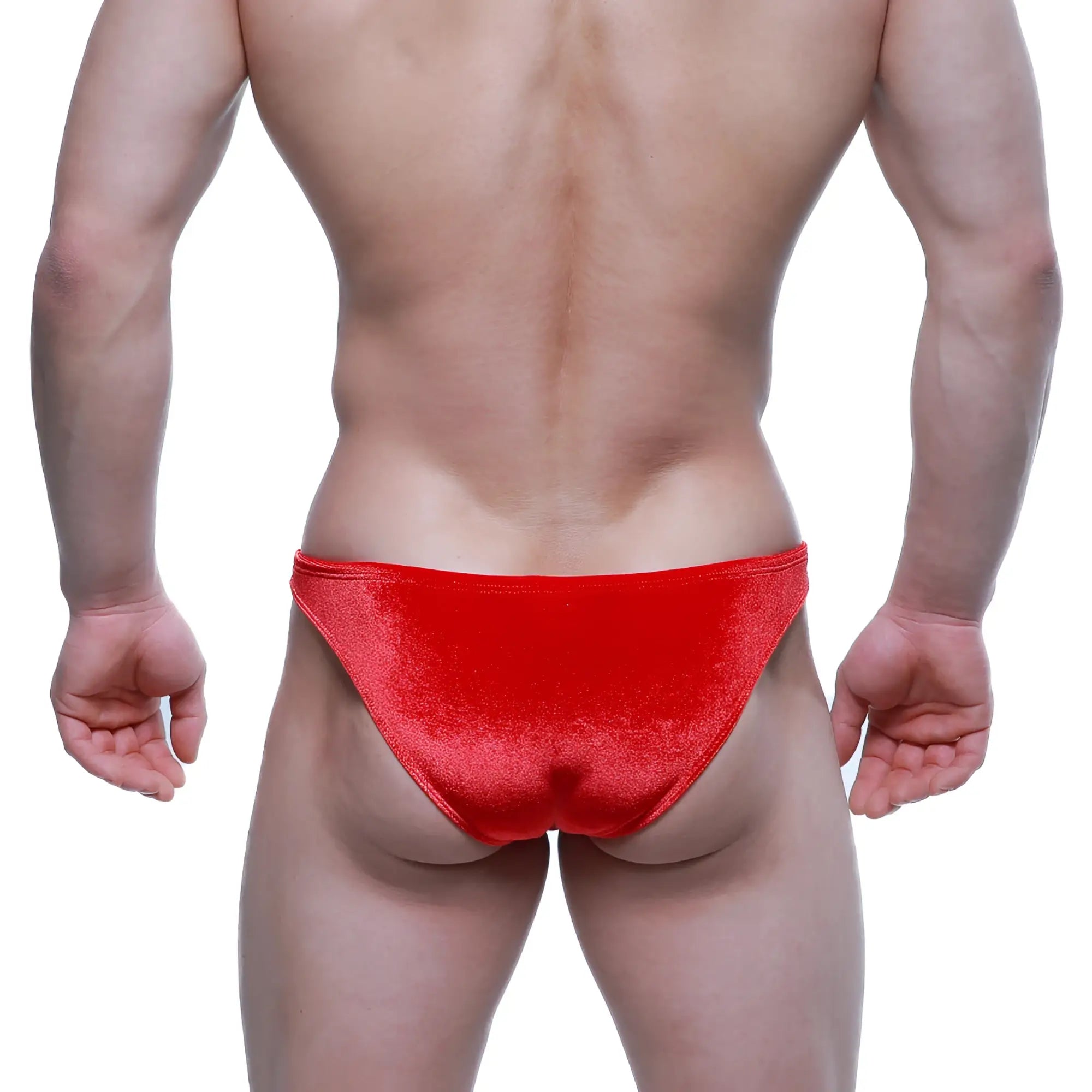 Metro male wear sindbad bikini red velvet briefs featuring a vibrant red color and soft velvet material