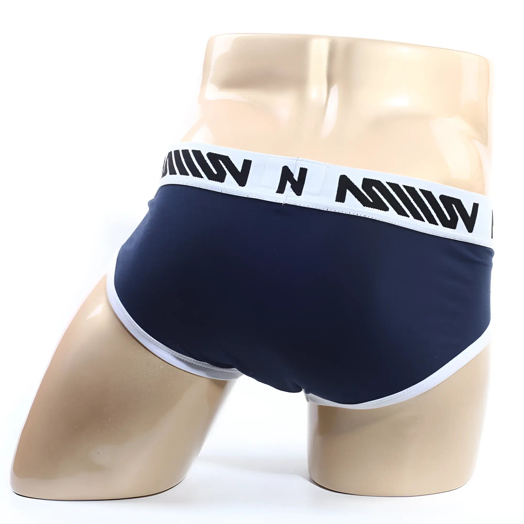 MetroMaleWear Sistonia hip brief in dark blue with white trim and bold black logo band on the waistband
