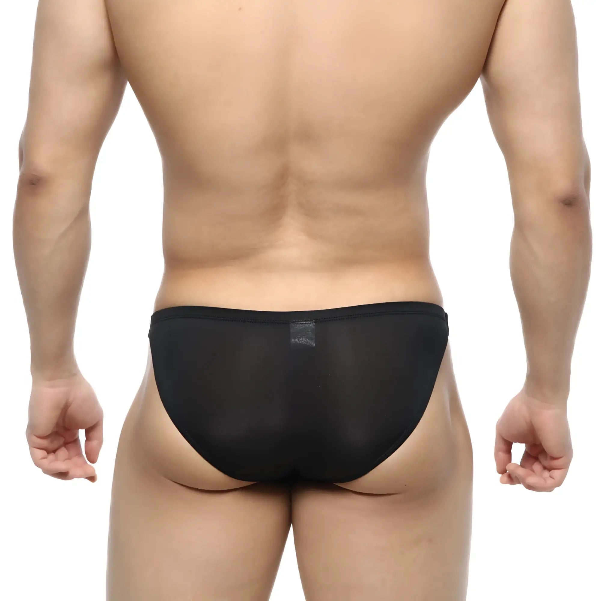 Black sheer mesh briefs metroMalewear slim bikini with subtle brand tag at waistband front view