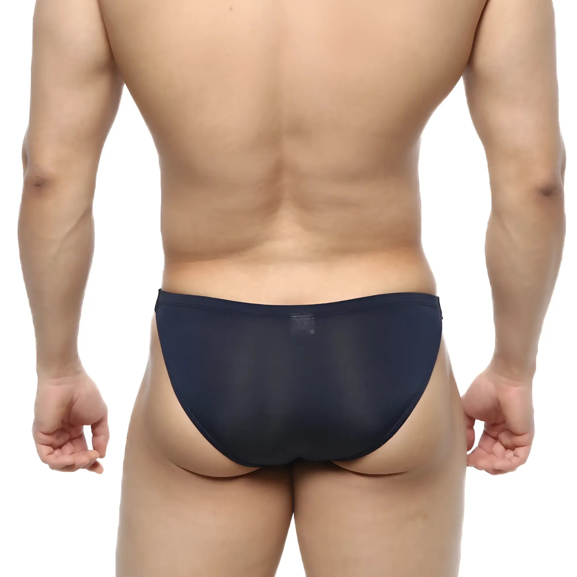 Navymalewear slim bikini briefs in navy blue sheer mesh highlighting the front design and slim fit style