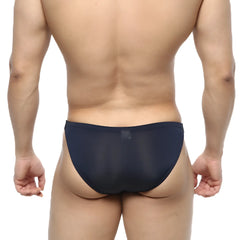 Navymalewear slim bikini briefs in navy blue sheer mesh highlighting the front design and slim fit style