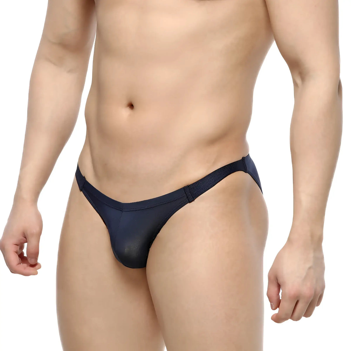 Navymale slim bikini in navy blue sheer mesh with solid fabric waistband shown from the back side